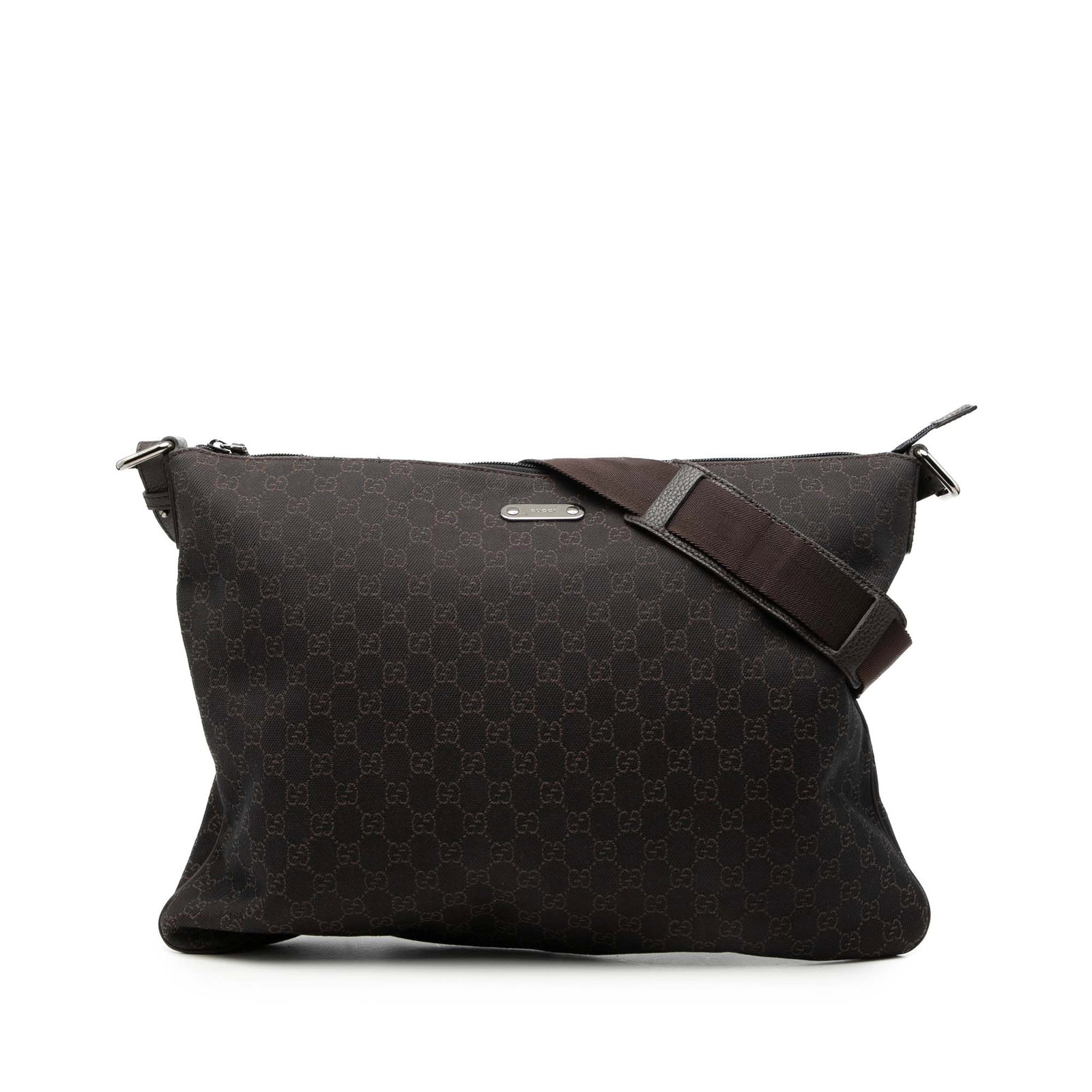 GG Denim Fabric Crossbody Bag with Zip Top by Gucci: GG Denim Fabric Crossbody Bag with Zip Top by Gucci This Gucci GG Denim Crossbody bag features a brown denim body with a flat strap, top zip closure, and interior zip and slip pockets. The bag shows s