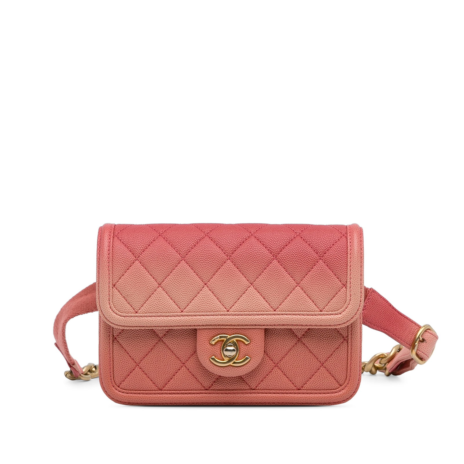 Chanel Pink Caviar Sunset On The Sea Flap Belt Bag: Chanel Pink Caviar Sunset On The Sea Flap Belt Bag The Chanel Caviar Sunset On The Sea Flap Belt Bag is a stylish accessory crafted from quilted caviar leather in a lovely pink hue. This bag features 