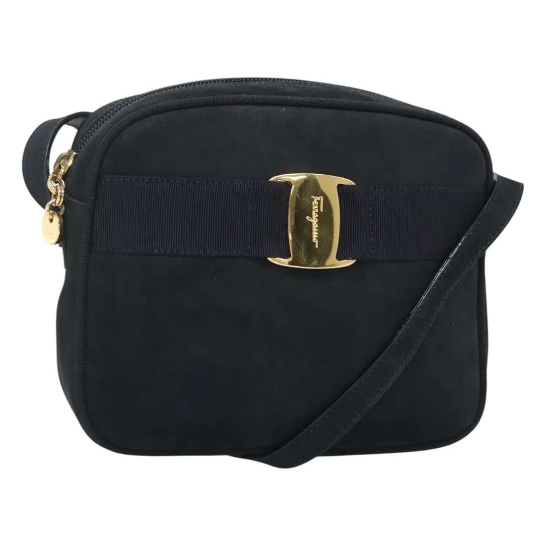Salvatore Ferragamo Vara Bow Camera Bag Navy Suede: Salvatore Ferragamo Vara Bow Camera Bag Navy Suede Salvatore Ferragamo Vara Bow camera bag in navy suede. This vintage piece is in good, usable condition with light wear throughout, including deformat