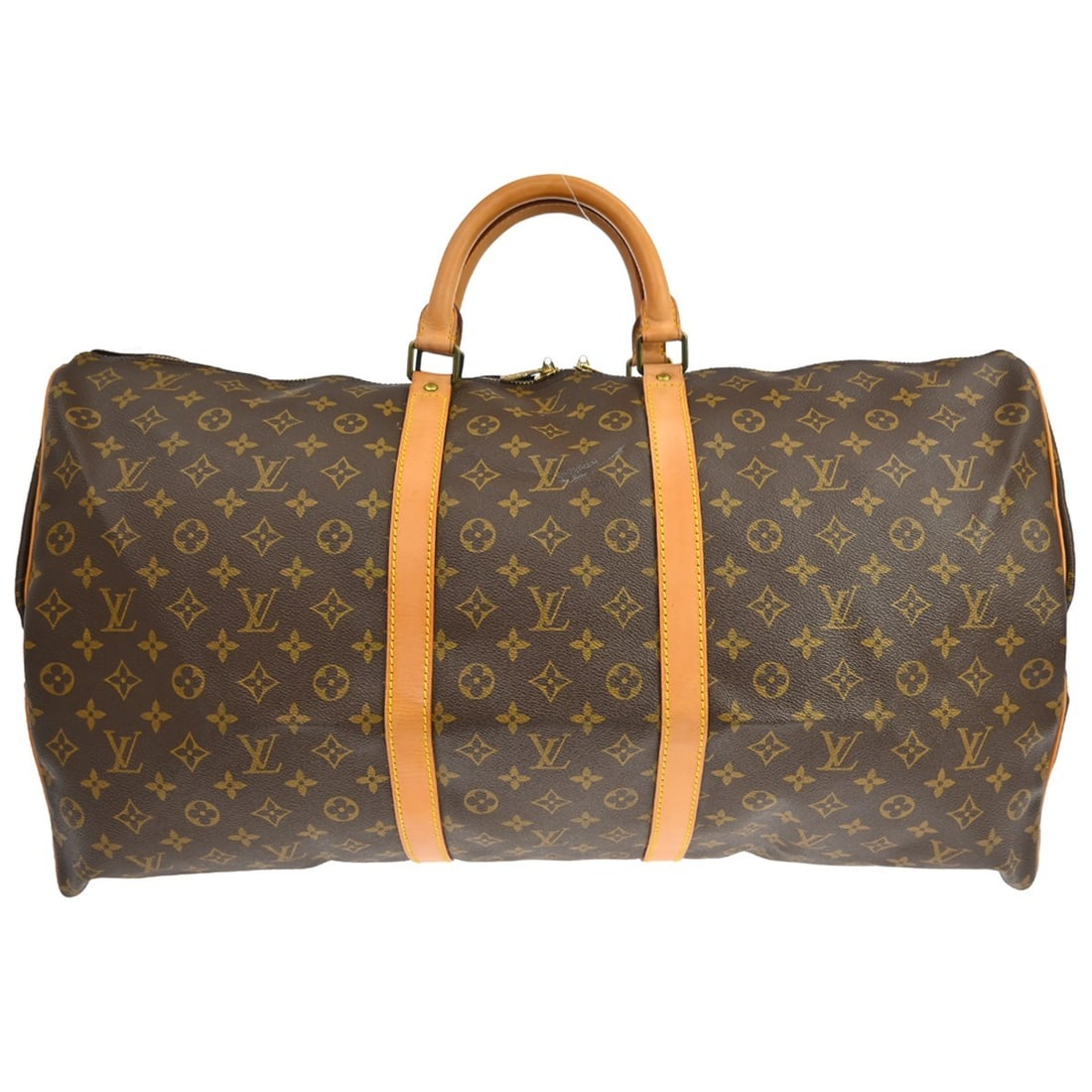 Louis Vuitton Keepall 60 Monogram Travel Duffle Bag M41422: Louis Vuitton Keepall 60 Monogram Travel Duffle Bag M41422 Vintage Louis Vuitton Keepall 60 duffle handbag in the Monogram pattern. This extra-large travel bag features double leather handles, a zip c
