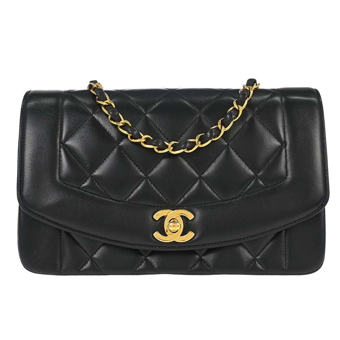 CHANEL Diana Small Shoulder Bag Black Lambskin Matelasse: CHANEL Diana Small Shoulder Bag Black Lambskin Matelasse Chanel Diana small shoulder bag in black lambskin leather with a matelasse quilted exterior, flap turnlock closure, and single chain shoulder s