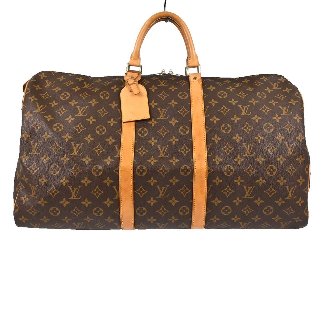 Louis Vuitton Keepall 55 Monogram Duffle Bag M41424: Louis Vuitton Keepall 55 Monogram Duffle Bag M41424 Vintage Louis Vuitton Keepall 55 travel handbag in Monogram canvas with leather trim and double handles. This extra-large duffle-style bag features 