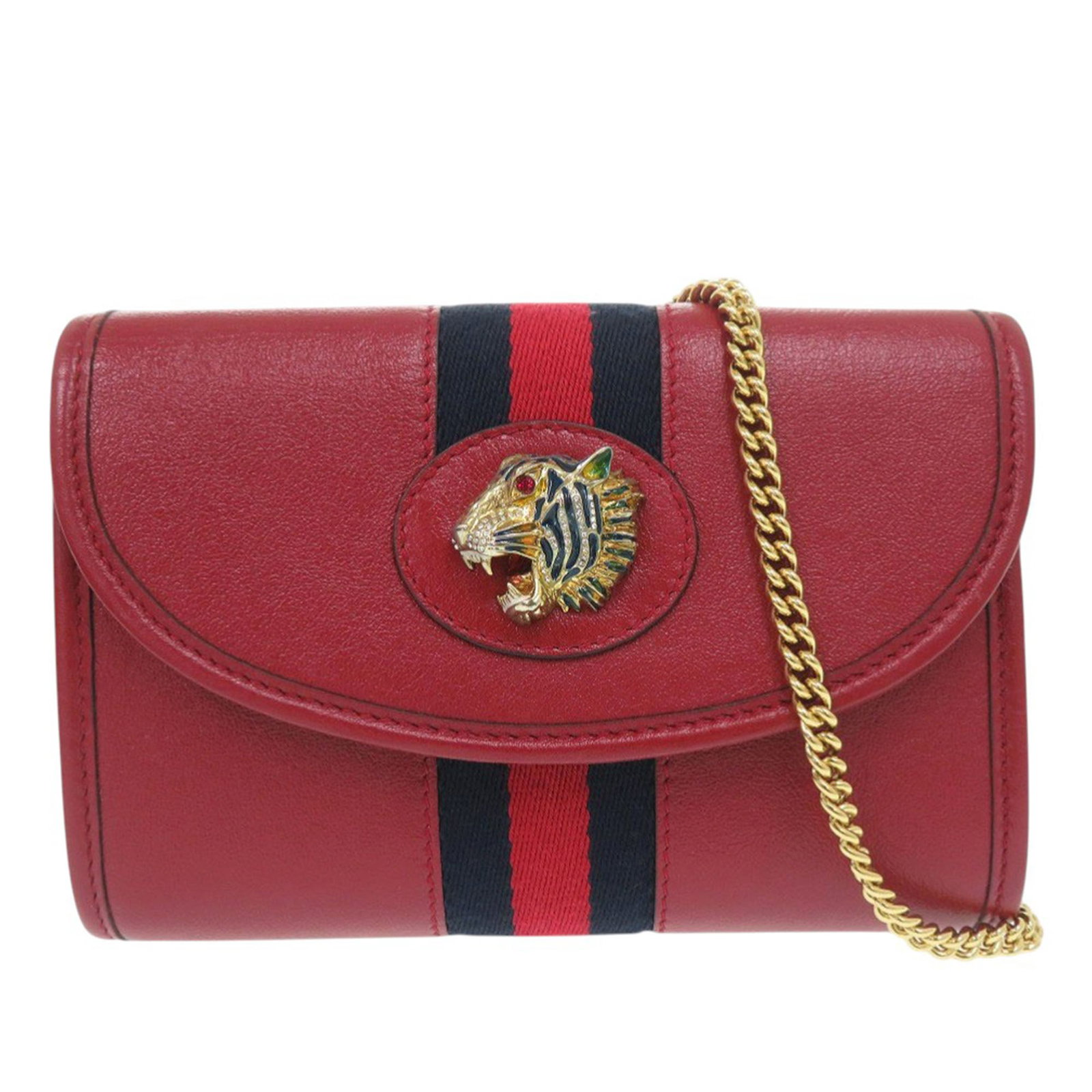 Gucci Rajah Mini Leather Chain Crossbody Bag Red: Gucci Rajah Mini Leather Chain Crossbody Bag Red Gucci Rajah mini crossbody bag crafted in red calfskin leather. This compact design features a web detail, chain link strap, flap with magnetic snap cl