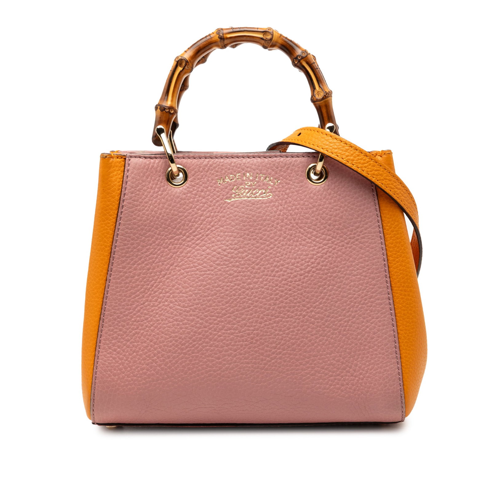 Mini Bamboo Shopper Satchel in Pink Leather by Gucci: Mini Bamboo Shopper Satchel in Pink Leather by Gucci This Gucci Mini Bicolor Calfskin Bamboo Shopper Satchel showcases a leather body with distinctive bamboo top handles and a detachable, adjustable l
