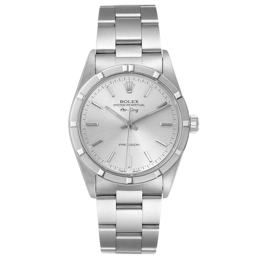 Rolex Air-King Reference 14010 Silver Dial Oyster Bracelet Watch: Rolex Air-King Reference 14010 Silver Dial Oyster Bracelet Watch This Rolex Air-King features a classic silver dial paired with an engine-turned bezel and is presented on the signature Oyster bracelet
