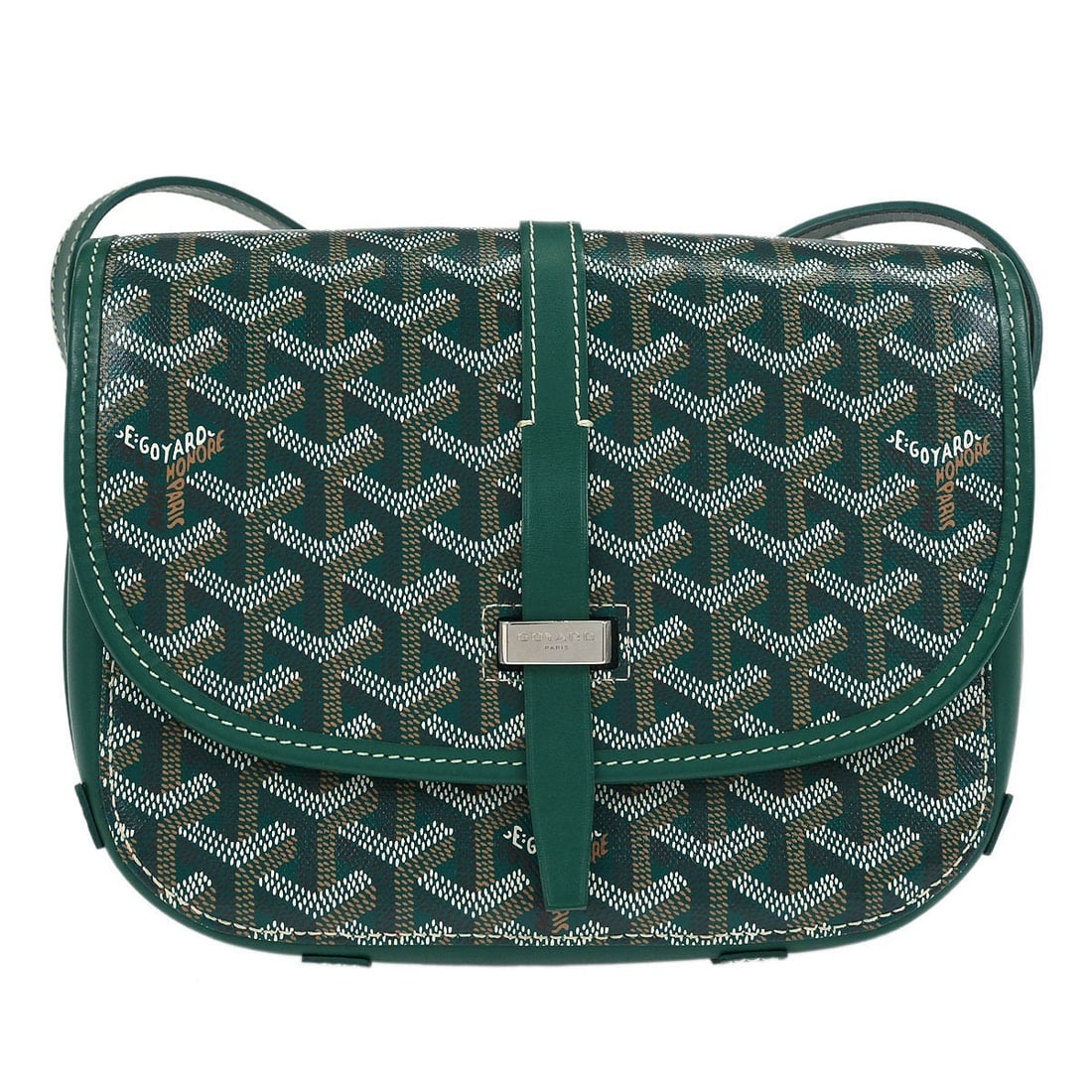 Goyard Belvedere PM Green Coated Canvas Leather Shoulder Bag: Goyard Belvedere PM Green Coated Canvas Leather Shoulder Bag Goyard Belvedere PM shoulder bag in green with logo accents and a coated canvas and leather exterior. This small unisex bag features a canv
