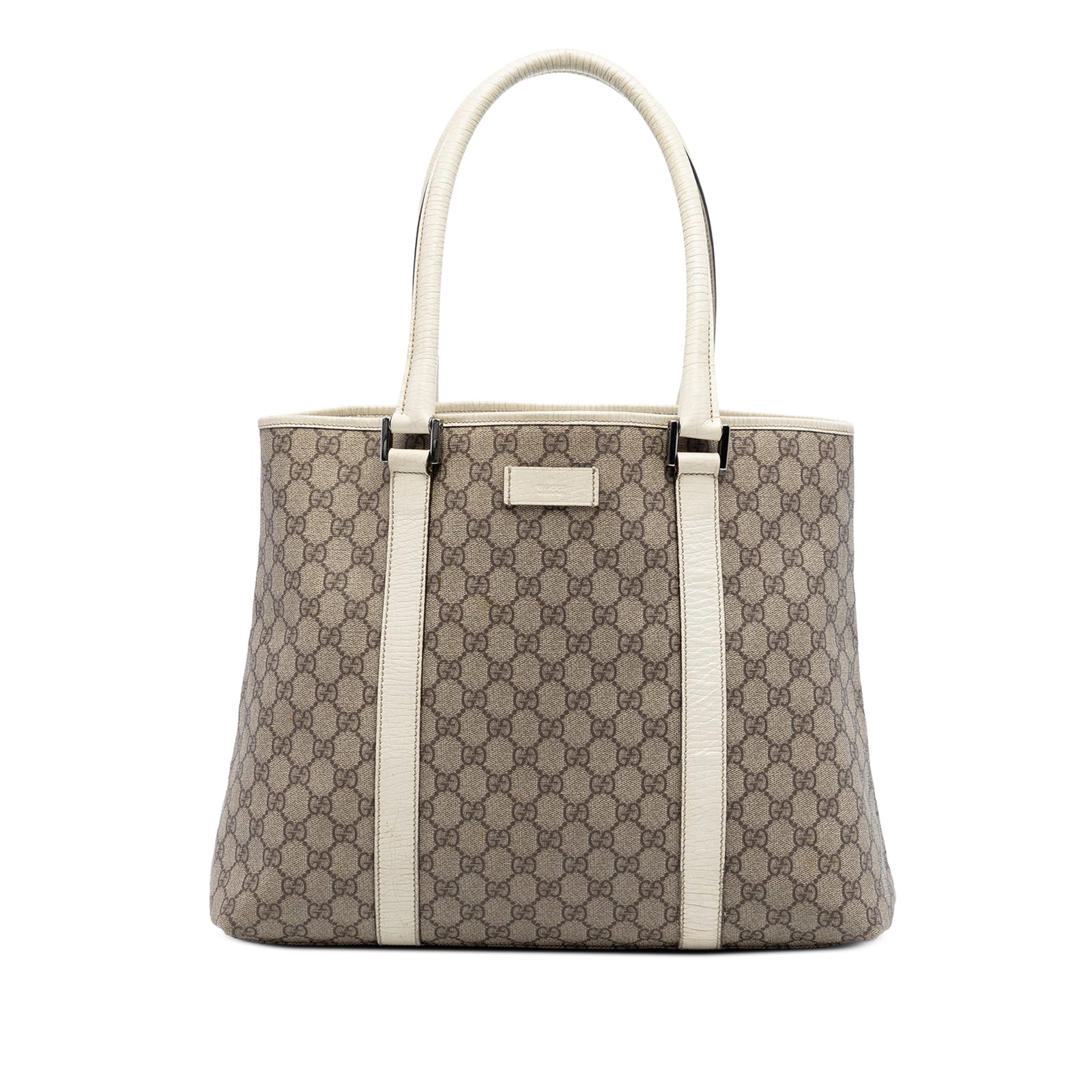 Gucci GG Supreme Joy beige coated canvas tote: Gucci GG Supreme Joy beige coated canvas tote This Gucci GG Supreme Joy Tote is crafted from coated canvas with leather trim, featuring rolled leather handles and an open top with a magnetic snap clos