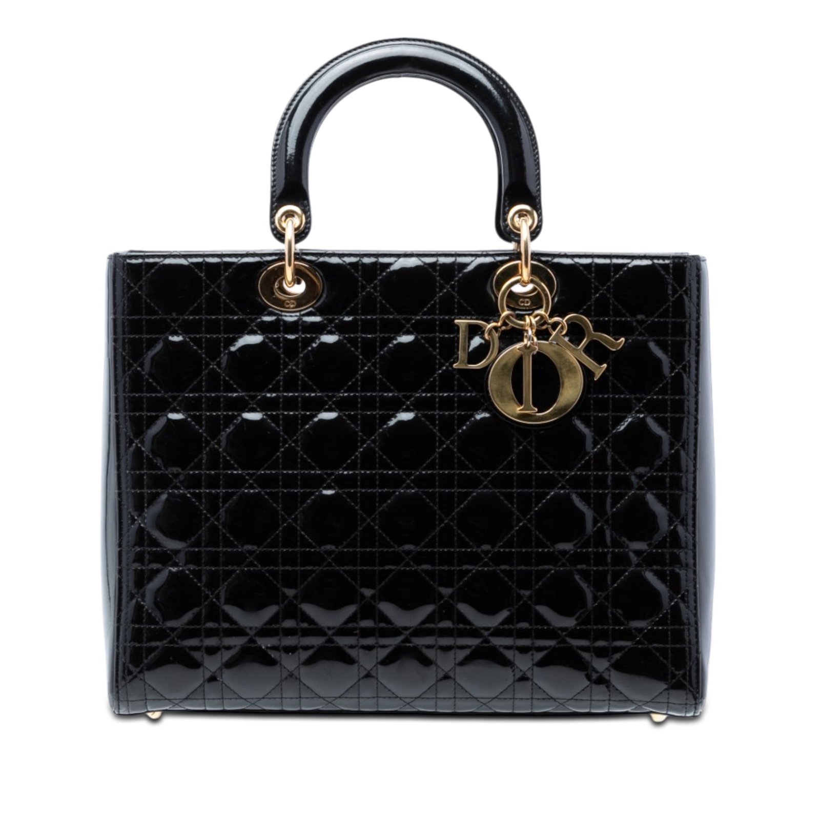 Dior Large Cannage Patent Leather Lady Dior Bag: Dior Large Cannage Patent Leather Lady Dior Bag This Large Patent Cannage Lady Dior bag features a quilted patent leather exterior in black with flat leather top handles and a top zip closure. The int