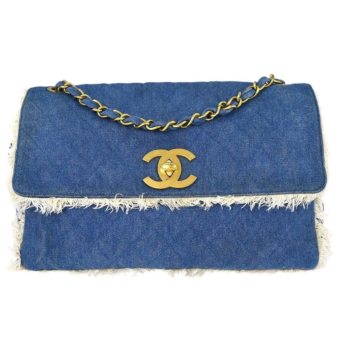 CHANEL Maxi Chain Shoulder Bag Blue Denim Flap Turn Lock: CHANEL Maxi Chain Shoulder Bag Blue Denim Flap Turn Lock Chanel Maxi Single Flap shoulder bag in blue denim canvas with a flap turn-lock closure and chain shoulder strap. This large shoulder bag featu