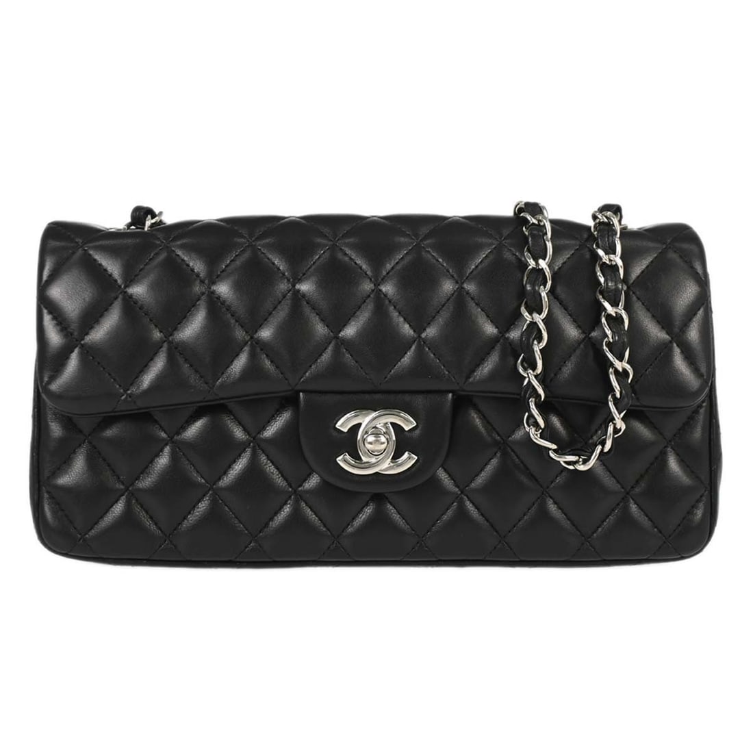 CHANEL East West black lambskin shoulder bag with chain strap: CHANEL East West black lambskin shoulder bag with chain strap Chanel East West shoulder bag in black lambskin with a flap turnlock closure, chain strap, and three inner pockets. Made in Italy, this me