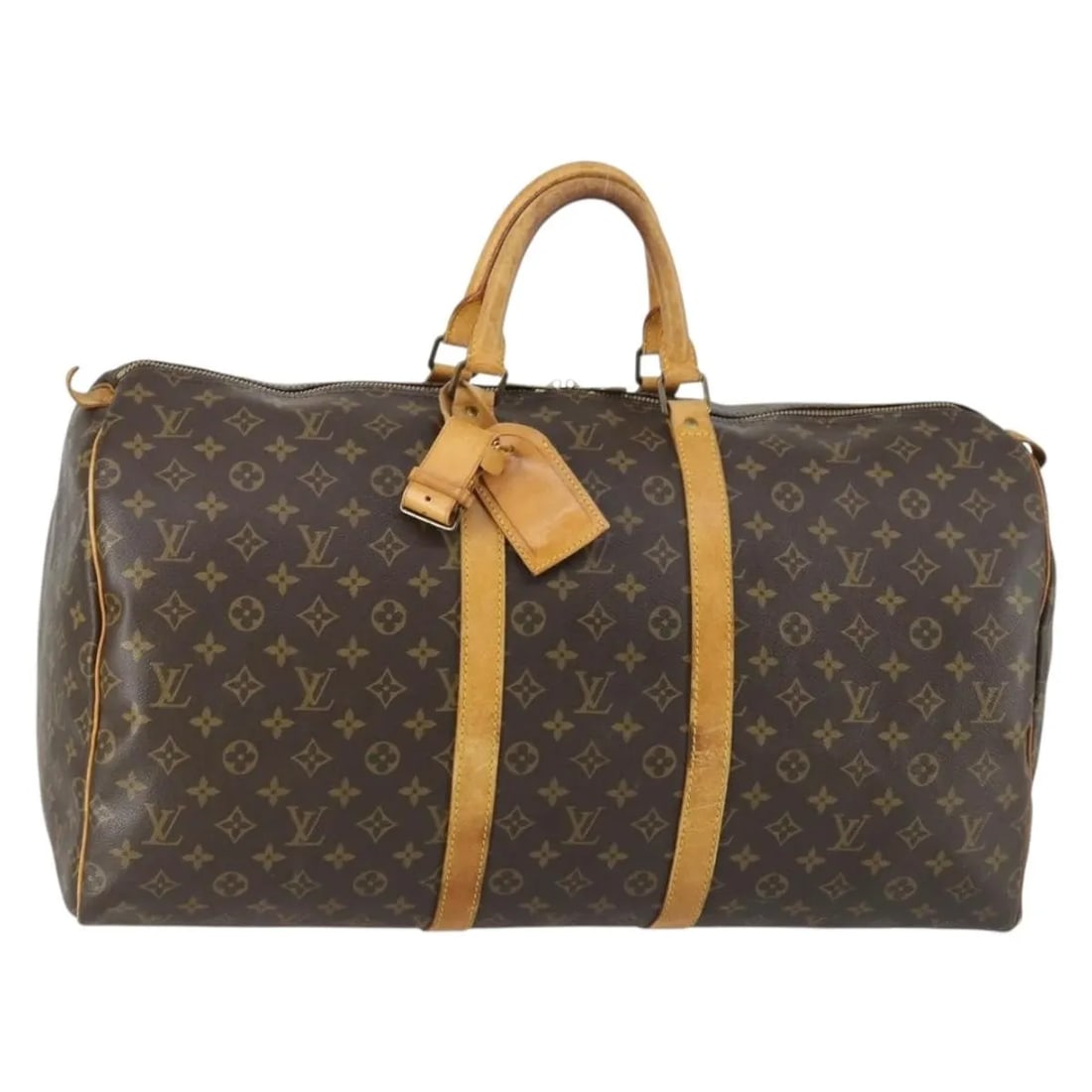 Keepall Brown Canvas Travel Bag by Louis Vuitton 55cm: Keepall Brown Canvas Travel Bag by Louis Vuitton 55cm This is a Louis Vuitton Keepall Bag crafted from monogram canvas in brown. Designed for unisex use, it features leather trim and handles, metal fi