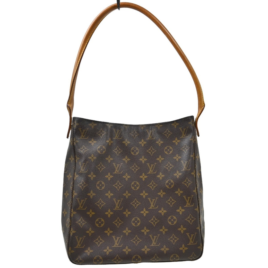 Louis Vuitton Looping GM Monogram Shoulder Bag M51145: Louis Vuitton Looping GM Monogram Shoulder Bag M51145 Vintage Louis Vuitton Looping GM shoulder bag in brown Monogram canvas with leather trim and a beige leather strap. The bag shows reasonable wear 