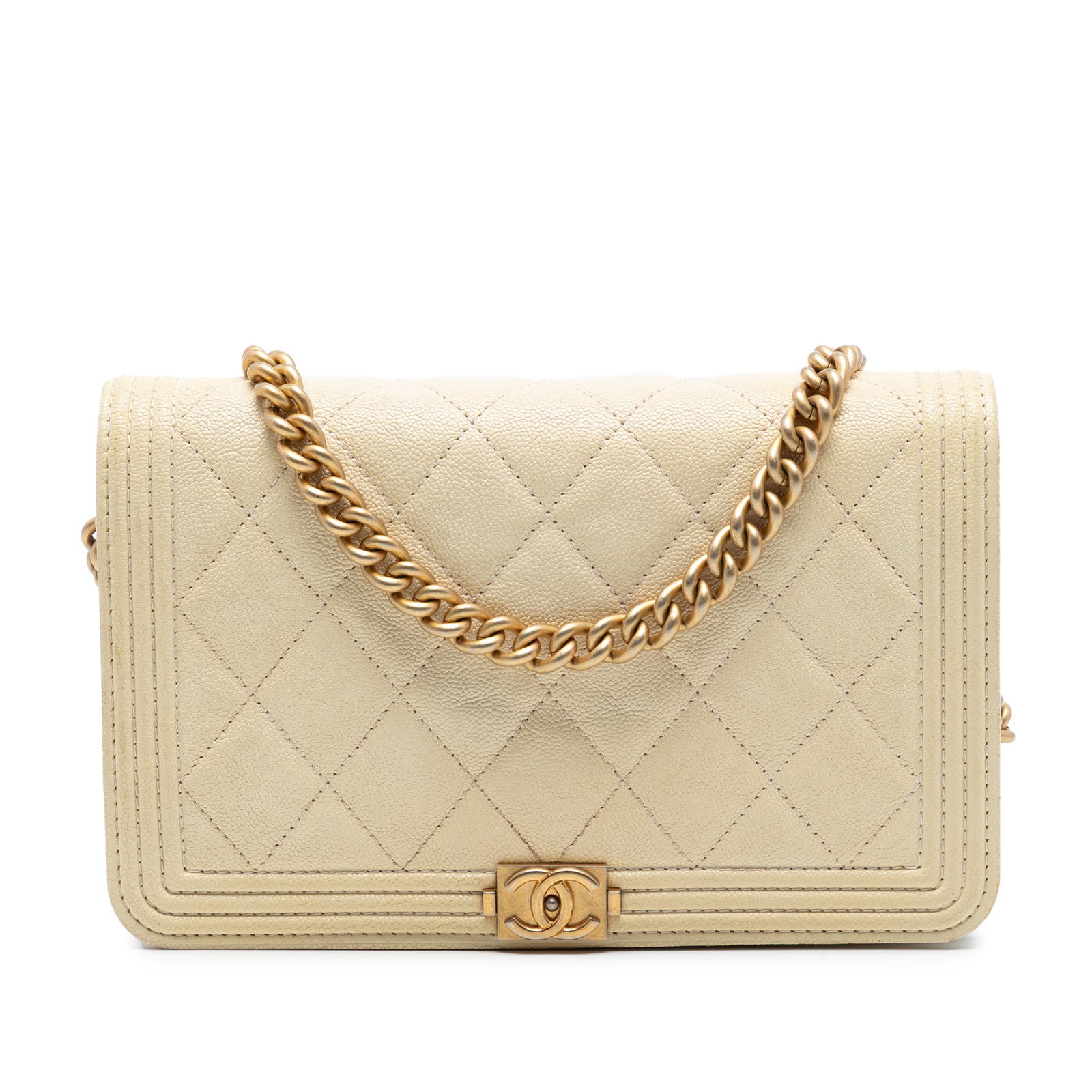 White Chanel Boy Chain Wallet Quilted Caviar Leather Gold Tone Strap: White Chanel Boy Chain Wallet Quilted Caviar Leather Gold Tone Strap This Chanel Boy Wallet on Chain features a quilted caviar leather body with a gold-tone curb chain link strap and leather guard. It