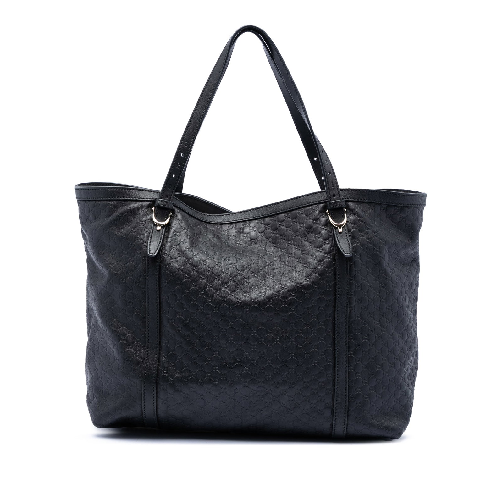 Black Leather Microguccissima Nice Tote Bag by Gucci: Black Leather Microguccissima Nice Tote Bag by Gucci This Gucci Microguccissima Nice Tote features an embossed leather exterior in black with flat leather straps and an open top secured by a lobster c