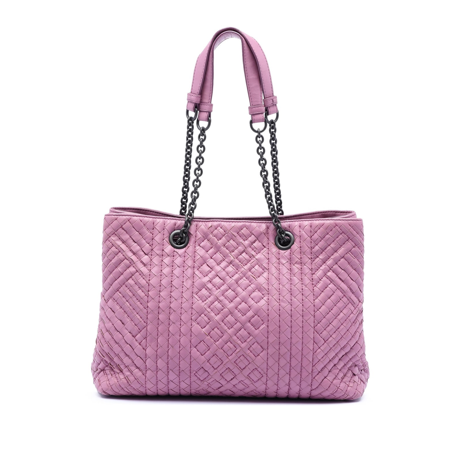 Bottega Veneta Boutis Pink Nappa Quilted Chain Shoulder Tote Bag: Bottega Veneta Boutis Pink Nappa Quilted Chain Shoulder Tote Bag This Bottega Veneta Medium Nappa Intrecciato Boutis Double Chain Tote features a woven and quilted nappa leather body in pink. It is de