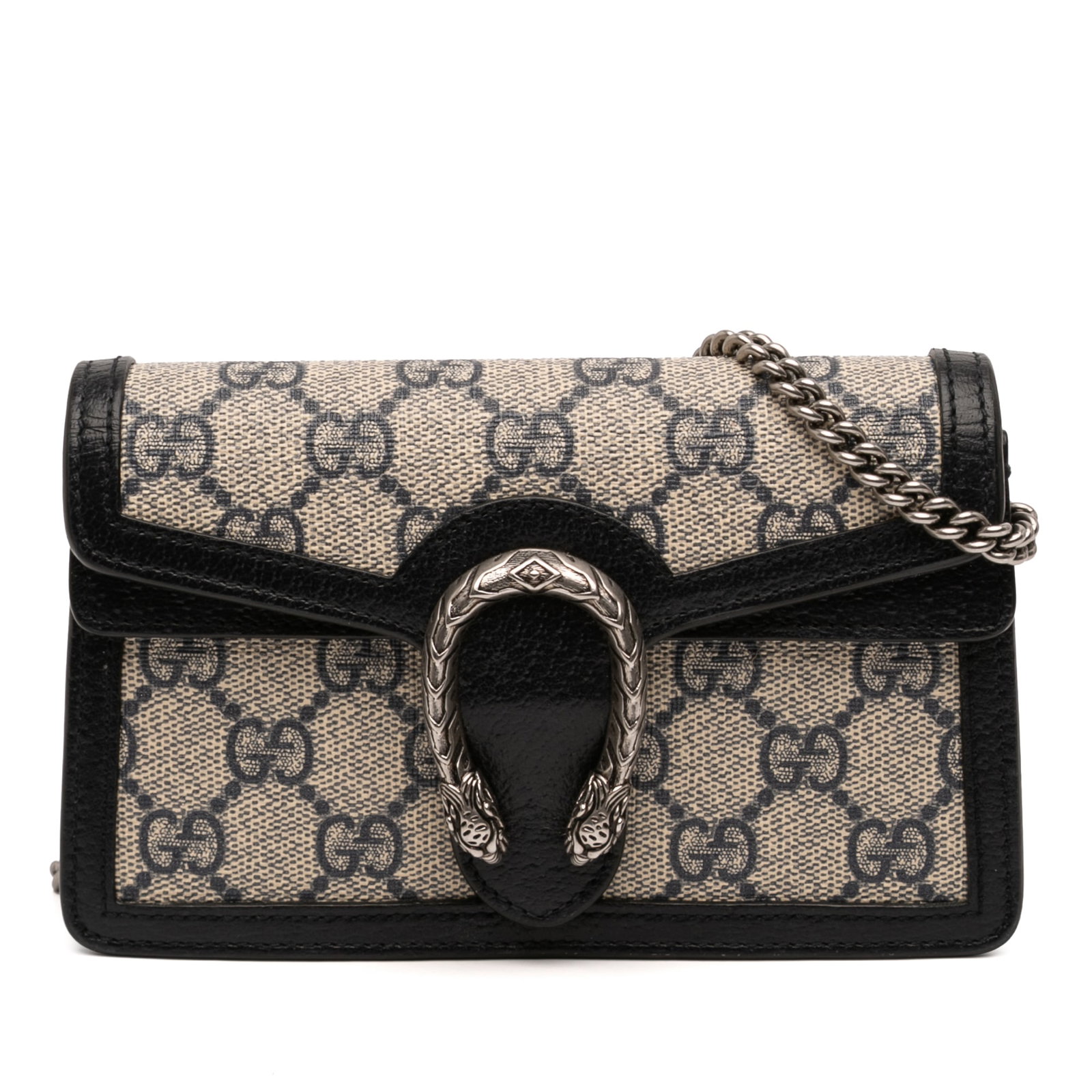 Gucci Dionysus Mini GG Supreme Crossbody Bag: Gucci Dionysus Mini GG Supreme Crossbody Bag This Gucci Mini GG Supreme Dionysus Crossbody bag features a coated canvas body with leather trim, a chain link shoulder strap, and a front flap secured by