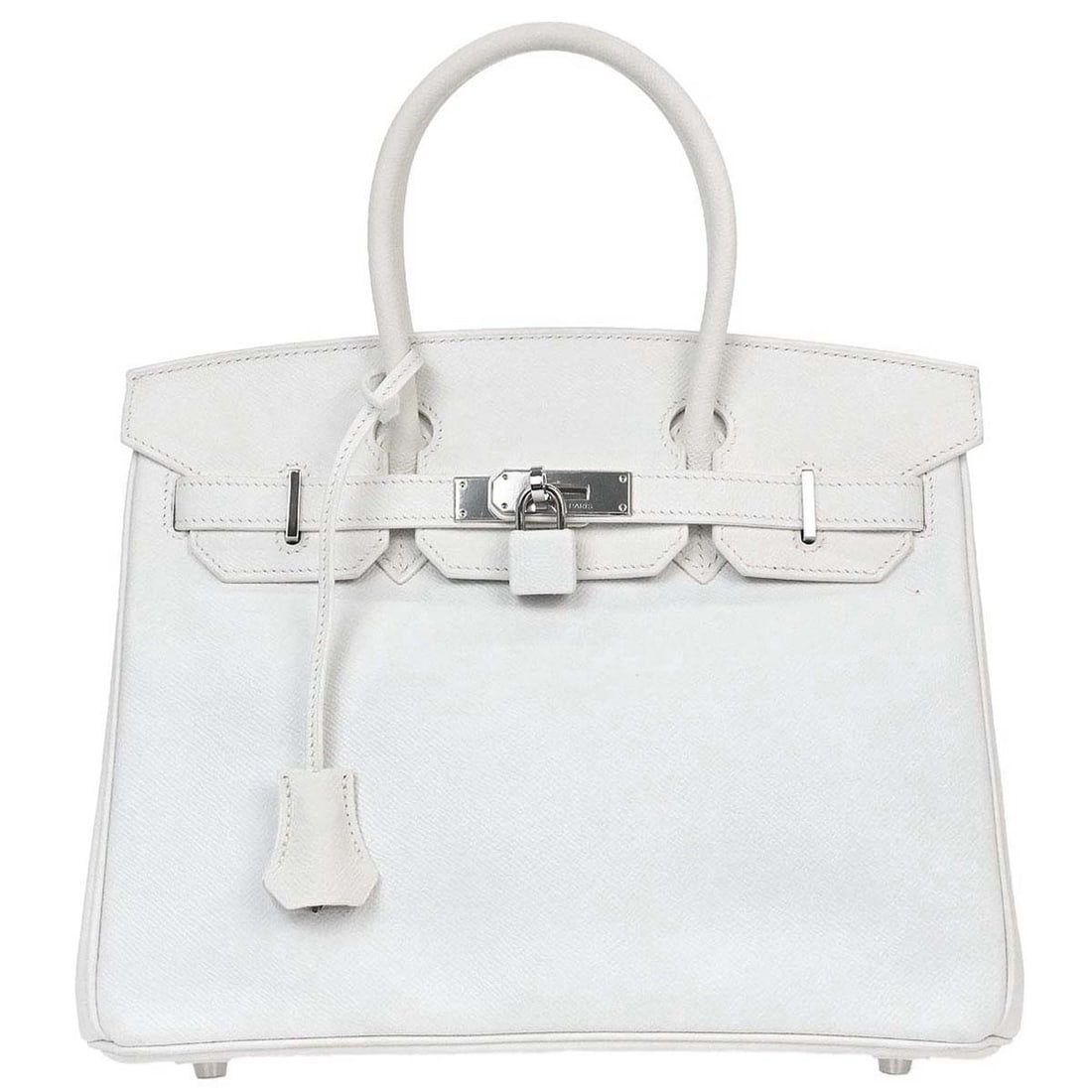 HERMES Birkin 30 White Epsom Leather Top Handle Bag: HERMES Birkin 30 White Epsom Leather Top Handle Bag Hermes Birkin 30 handbag in white Epsom leather with double top handles and a turn-lock flap closure. The bag features a white leather lining, silve