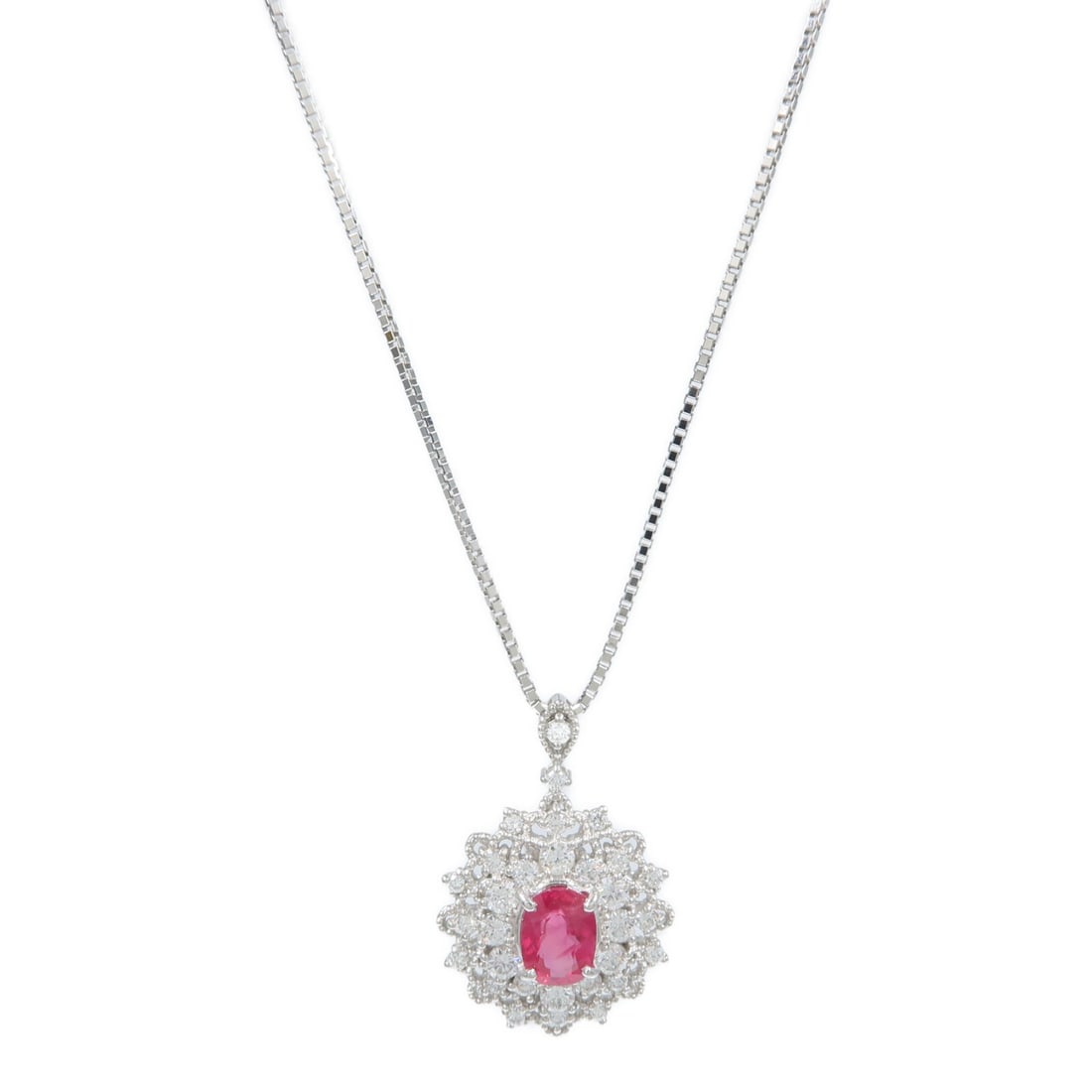 Pt900 Platinum Necklace with Ruby and Diamond Accents: Pt900 Platinum Necklace with Ruby and Diamond Accents A women's necklace crafted in Pt900 platinum and set with a ruby. Presented in red, this piece is described in very good condition. Specifications