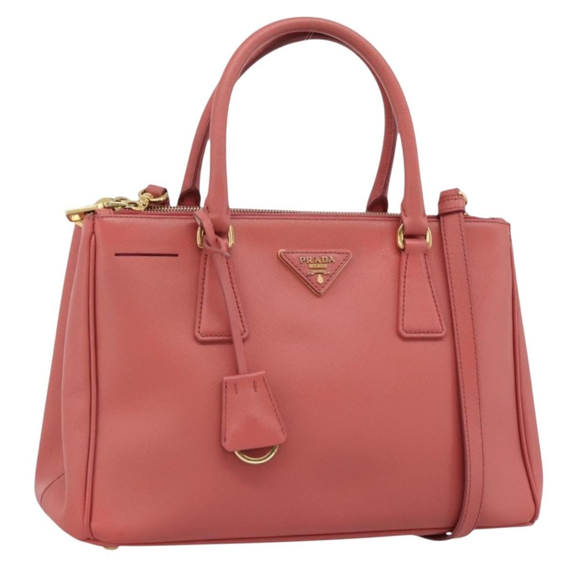 PRADA Galleria Saffiano Leather 2 Way Handbag Pink with Strap: PRADA Galleria Saffiano Leather 2 Way Handbag Pink with Strap Prada Galleria 2-way handbag in pink Saffiano leather with gold-tone accents. Made in Italy, this women's handbag includes a clochette and