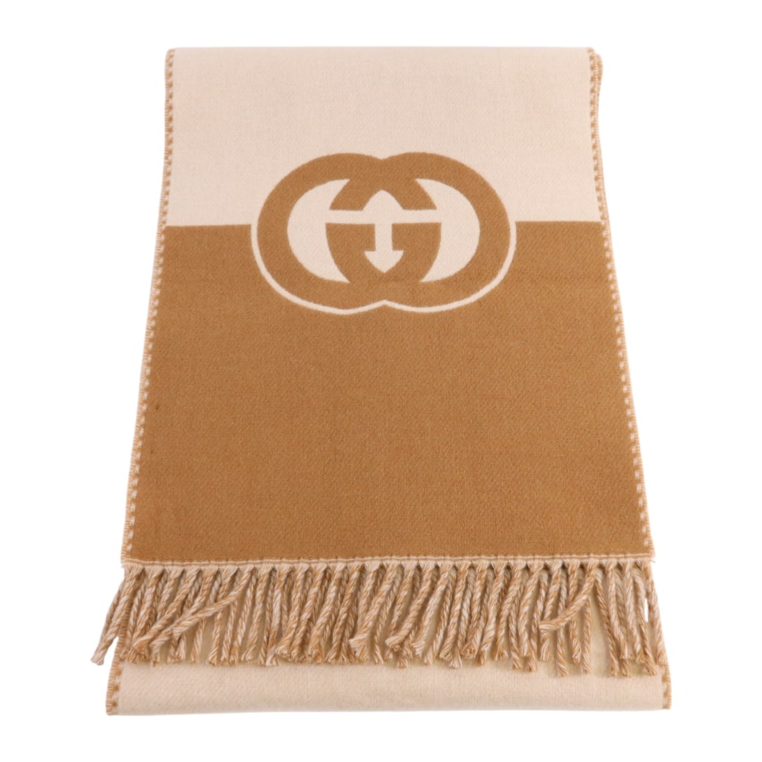Gucci Brown Wool Cashmere GG Logo Unisex Scarf Made in Italy: Gucci Brown Wool Cashmere GG Logo Unisex Scarf Made in Italy This Gucci GG muffler scarf features a luxurious blend of wool and cashmere in brown and beige tones. Designed for unisex wear, it offers b