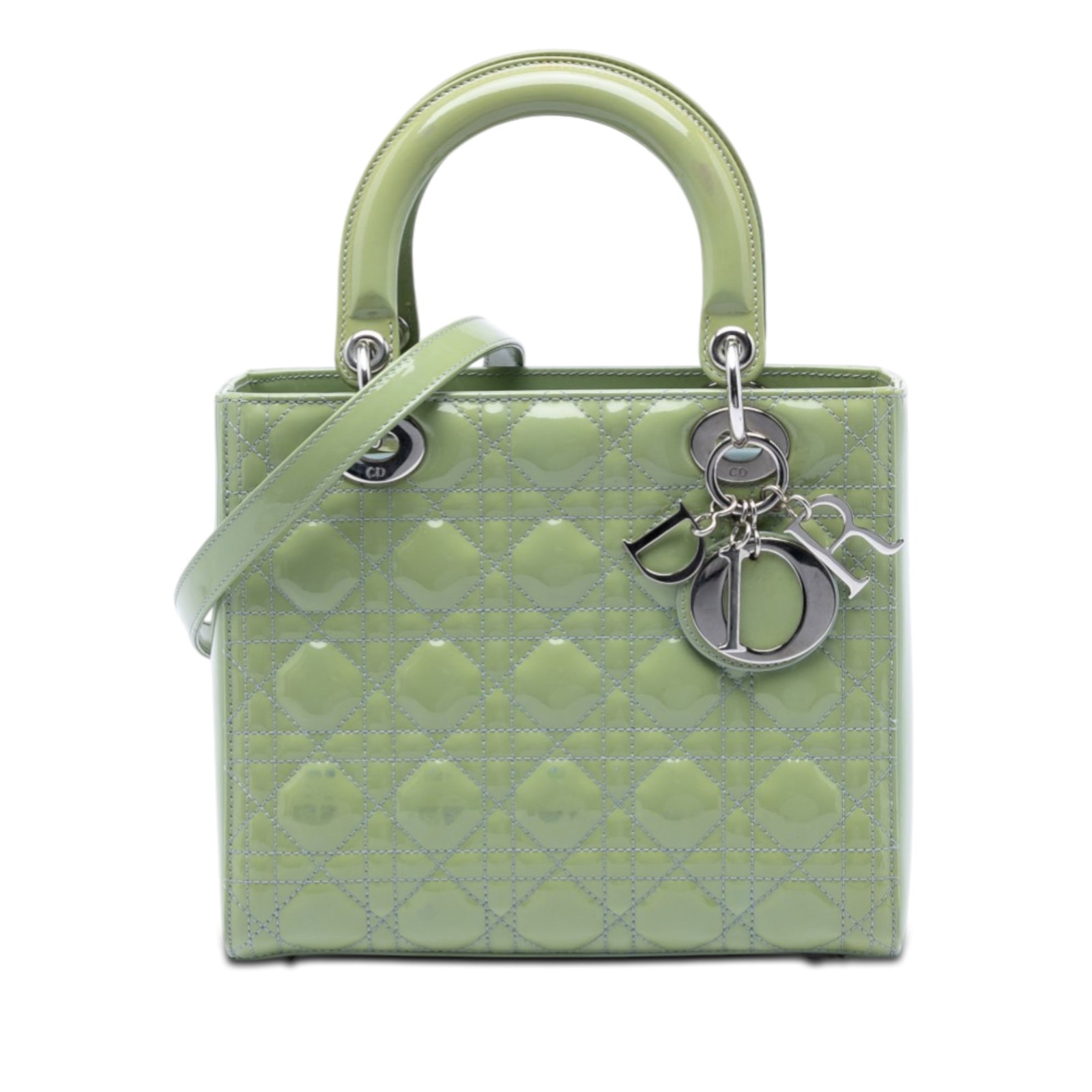 Dior Medium Cannage Lady handbag patent leather green: Dior Medium Cannage Lady handbag patent leather green This Medium Patent Cannage Lady Dior bag features a quilted patent leather exterior in green, complemented by flat leather top handles and a detac