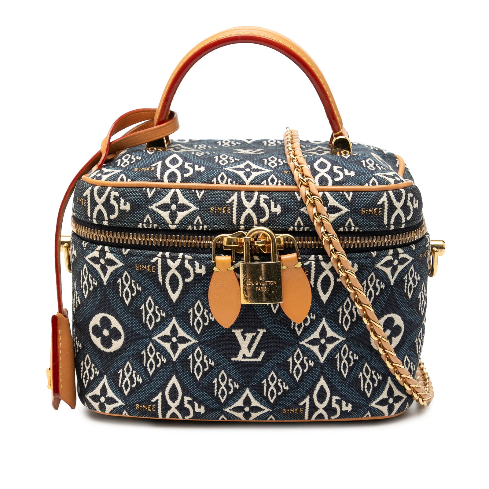 Louis Vuitton Since 1854 Monogram Blue Vanity Case PM with Chain Strap: Louis Vuitton Since 1854 Monogram Blue Vanity Case PM with Chain Strap This Louis Vuitton Monogram Since 1854 Vanity Case PM showcases a canvas body with leather trim, a vachetta leather top handle, a