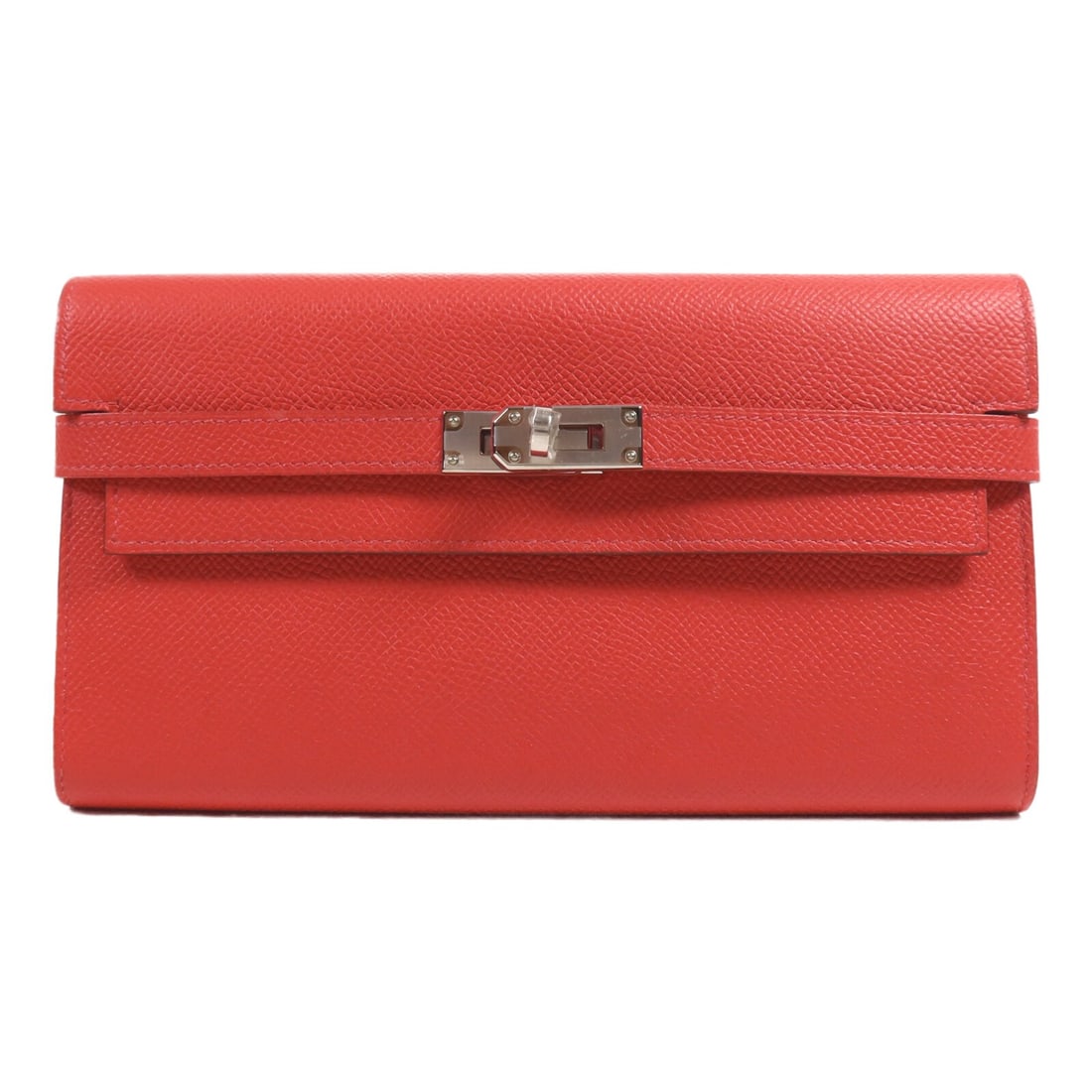 HERMES Kelly Long Wallet Epsom Leather Red PHW: HERMES Kelly Long Wallet Epsom Leather Red PHW This exquisite HERMES Kelly Long Wallet is crafted from high-quality Epsom leather, showcasing a vibrant Rouge Casaque color. Designed in an elegant arou