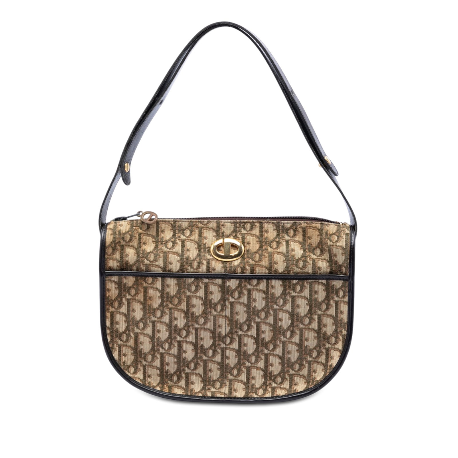 Dior Diorissimo Trotter Brown Canvas Shoulder Handbag: Dior Diorissimo Trotter Brown Canvas Shoulder Handbag Diorissimo Trotter shoulder bag with a canvas body, leather trim, a flat leather strap, top zip closure, and an exterior front slip pocket. The ba