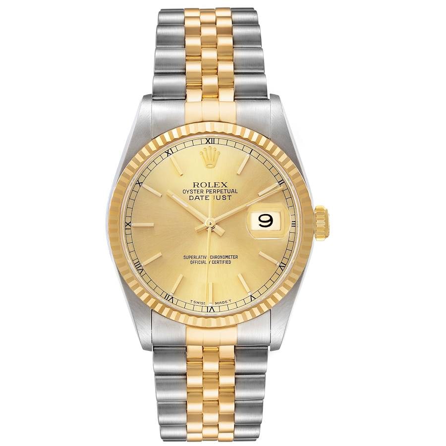 Rolex Datejust Ref 16233 Champagne Stick Dial D Link Jubilee with Papers: Rolex Datejust Ref 16233 Champagne Stick Dial D Link Jubilee with Papers This Rolex Datejust watch features a champagne stick dial and a fluted bezel. It is paired with a D-Link Jubilee bracelet and c