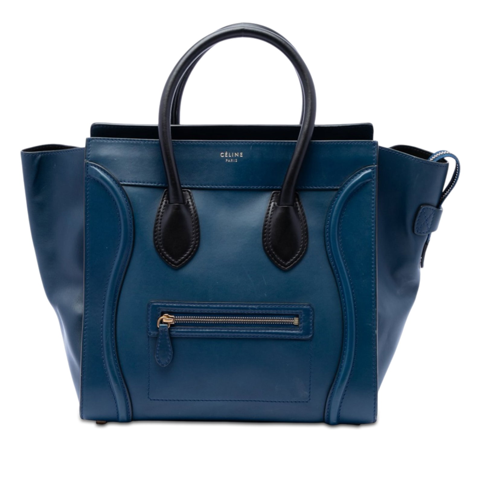 Celine Mini Bicolor Leather Tote Luggage Blue: Celine Mini Bicolor Leather Tote Luggage Blue This Celine Mini Bicolor Leather Luggage Tote is crafted from leather and features rolled leather handles, a top zip closure, an exterior front zip pocket