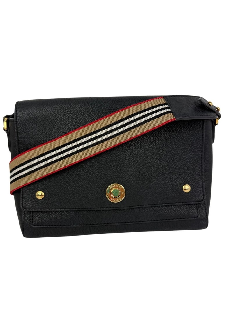 Burberry Note Black Leather Crossbody Bag Check Canvas Strap (1 of 18)