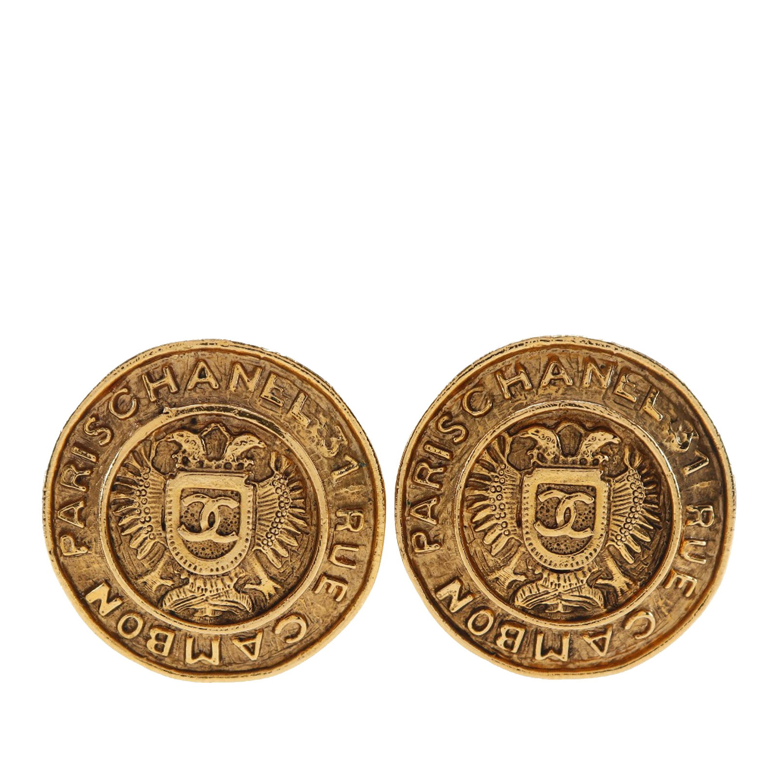 Chanel Rue Cambon Crest Gold Plated Clip On Earrings: Chanel Rue Cambon Crest Gold Plated Clip On Earrings These Chanel earrings feature gold-plated metal bodies with crest detailing and secure back clip-on closures. Designed in a classic costume jewelry
