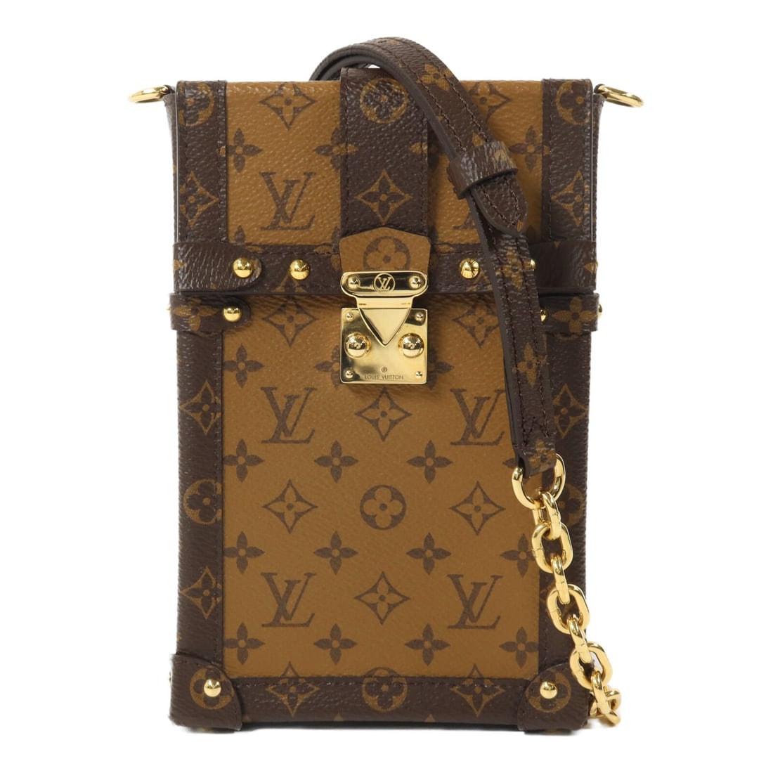 Louis Vuitton M67873 Monogram Pochette Trunk Vertical Shoulder Bag: Louis Vuitton M67873 Monogram Pochette Trunk Vertical Shoulder Bag Louis Vuitton Pochette Trunk Vertical chain shoulder bag in brown Monogram coated canvas. This unisex shoulder bag is made in France 