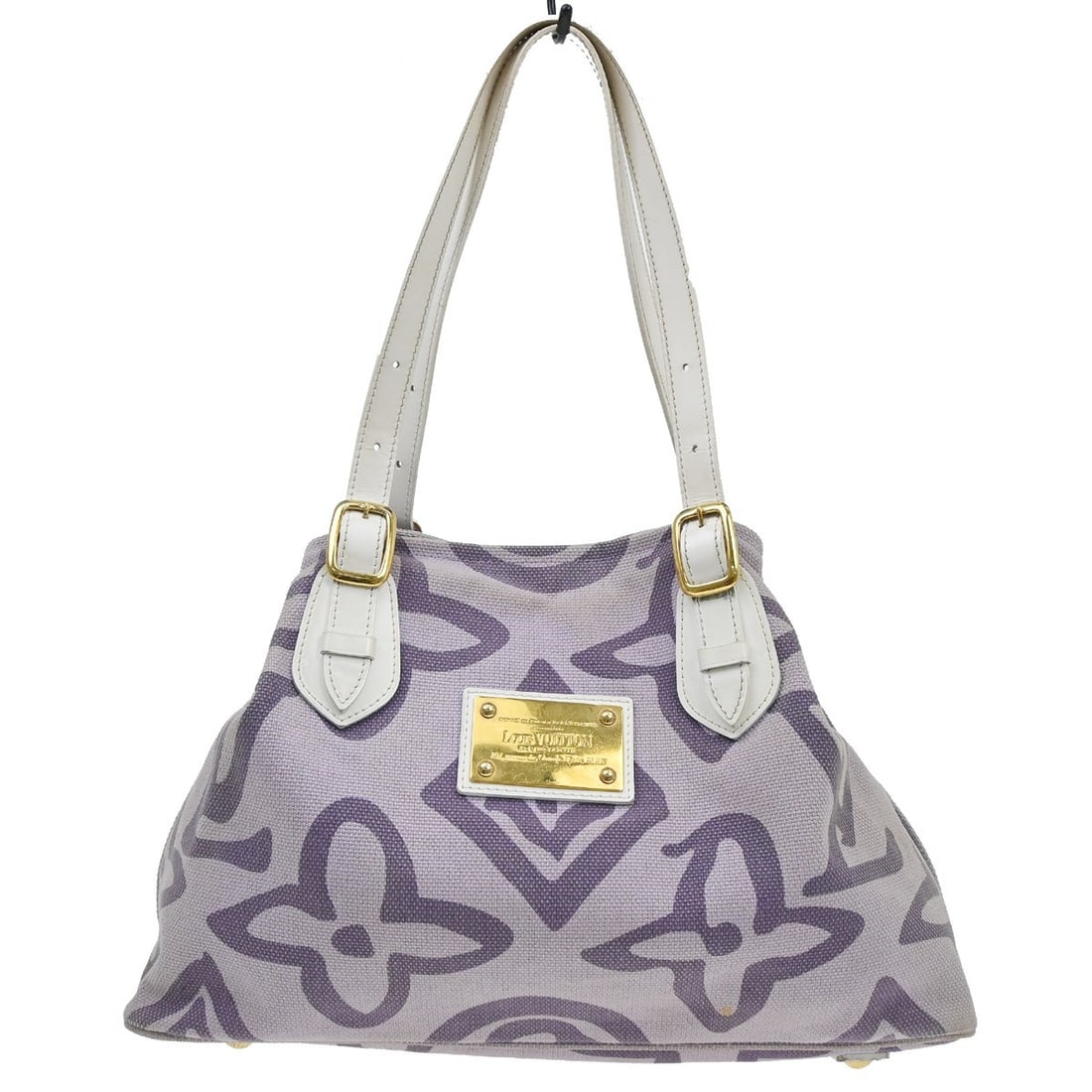 Louis Vuitton Taisienne PM Purple Canvas Tote M95680: Louis Vuitton Taisienne PM Purple Canvas Tote M95680 Vintage Louis Vuitton Taisienne PM Cruise Line tote in purple canvas with double white canvas handles and purple lining. The bag features an interi