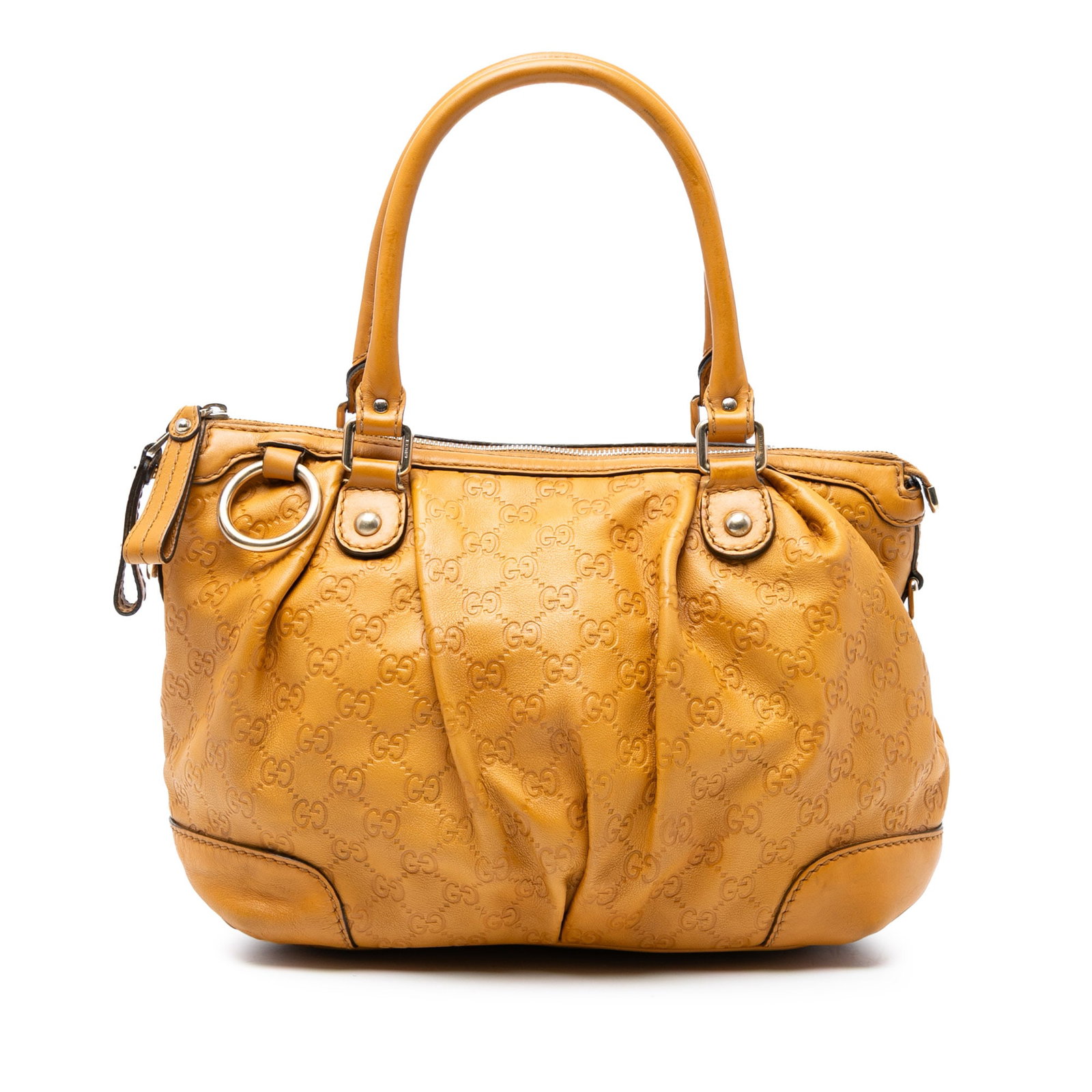 Gucci Guccissima Sukey Satchel Yellow Leather Bag: Gucci Guccissima Sukey Satchel Yellow Leather Bag Introducing the Guccissima Sukey Satchel, a stunning handbag that showcases a luxurious leather body in a vibrant yellow color. This satchel features 