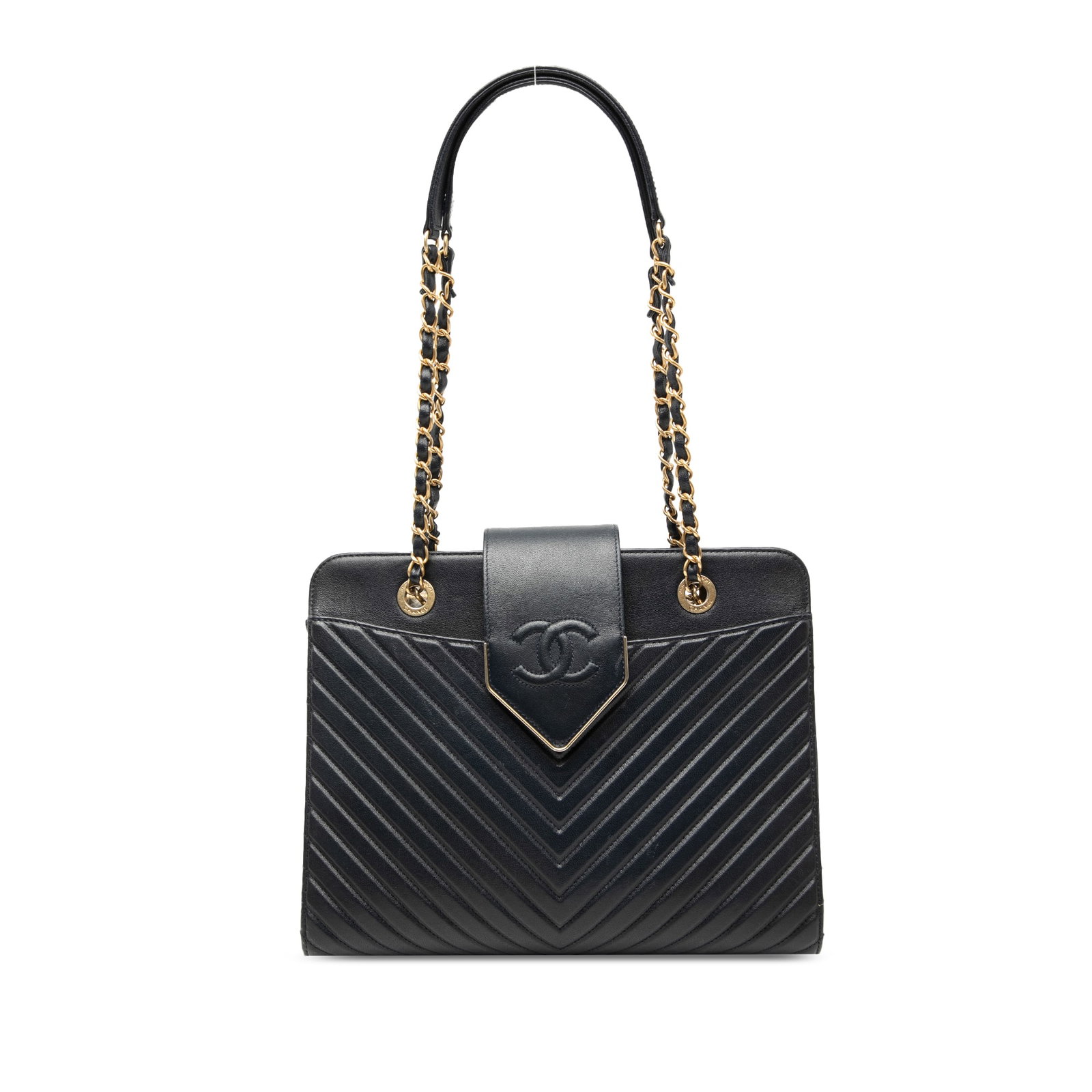 Blue Chanel quilted calfskin tote with chain straps: Blue Chanel quilted calfskin tote with chain straps This Chanel Chevron Calfskin Collar and Tie Tote is crafted from quilted calf leather in a striking blue hue. It features leather-woven chain link s