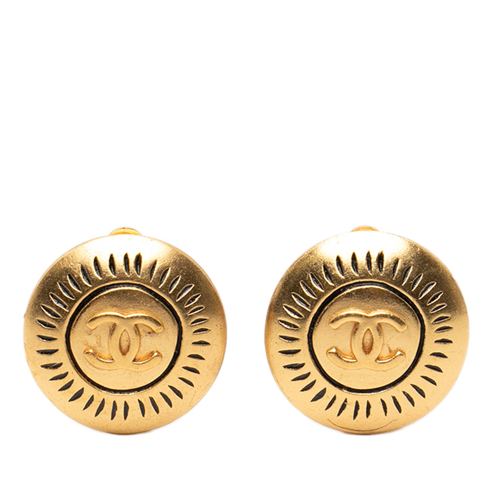 Chanel Round Metal Clip Earrings with Gold Plated Finish: Chanel Round Metal Clip Earrings with Gold Plated Finish These Chanel CC round clip-on earrings feature gold-plated metal bodies with secure back clip closures. Made in France, these earrings showcase