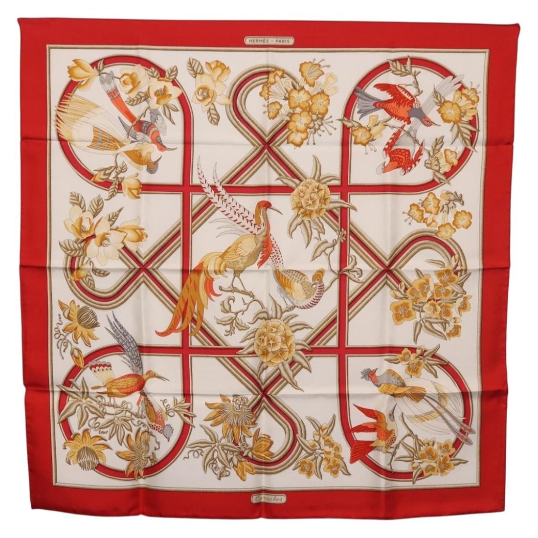 Hermes Caraibes Carre 90 Silk Scarf Red France: Hermes Caraibes Carre 90 Silk Scarf Red France Hermes "Caraibes" Carre 90 scarf in red silk. This women's scarf is made in France and includes the item box. Condition is AB/very good, with slight rubb