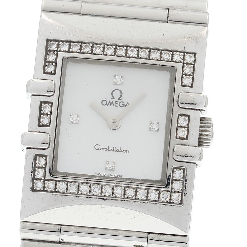 Omega Constellation Carre Quartz Ladies Stainless Steel Watch 1528.76: Omega Constellation Carre Quartz Ladies Stainless Steel Watch 1528.76 This OMEGA Constellation Carre Quartz ladies watch features a stainless steel case and bracelet with a white mother-of-pearl dial.