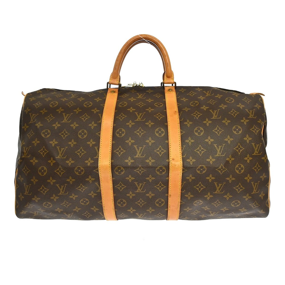 Vintage Louis Vuitton Keepall 55 Monogram Duffle Bag M41424: Vintage Louis Vuitton Keepall 55 Monogram Duffle Bag M41424 Vintage Louis Vuitton Keepall 55 travel handbag in brown Monogram canvas with leather trim and double handles. This extra large duffle-style