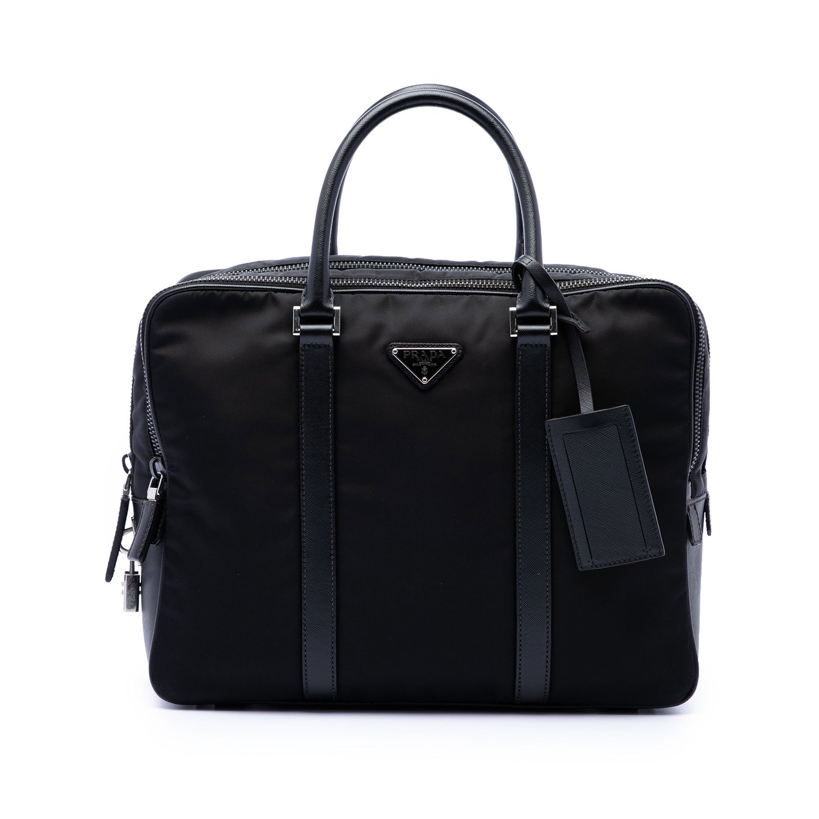Prada Tessuto nylon business bag with Saffiano leather trim: Prada Tessuto nylon business bag with Saffiano leather trim Prada Saffiano Trimmed Tessuto Business Bag in black nylon with saffiano leather trim. This business bag features rolled leather handles, a 
