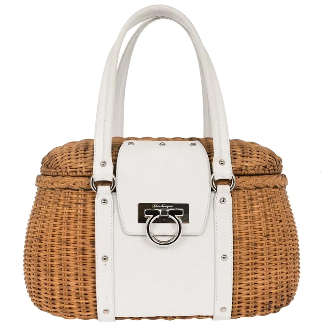 Salvatore Ferragamo Leather and Wicker Basket Gancini Tote (1 of 10)
