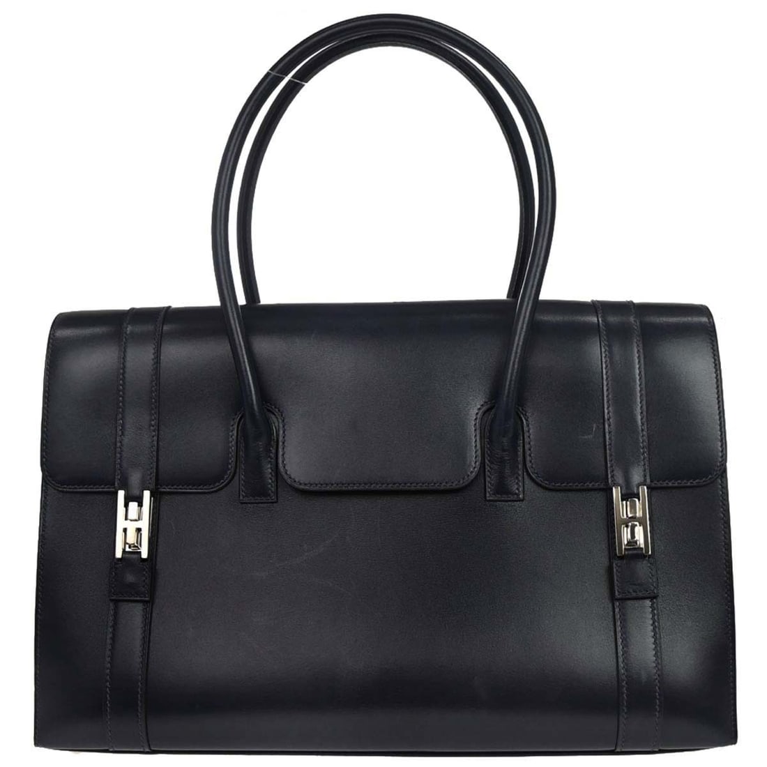Hermes Drag 2 37 Blue Indigo Box Calf Satchel Bag: Hermes Drag 2 37 Blue Indigo Box Calf Satchel Bag Hermes Drag 2 37 handbag in Blue Indigo box calf leather. This satchel-style top handle bag features double handles, a clasp closure, and an interior 
