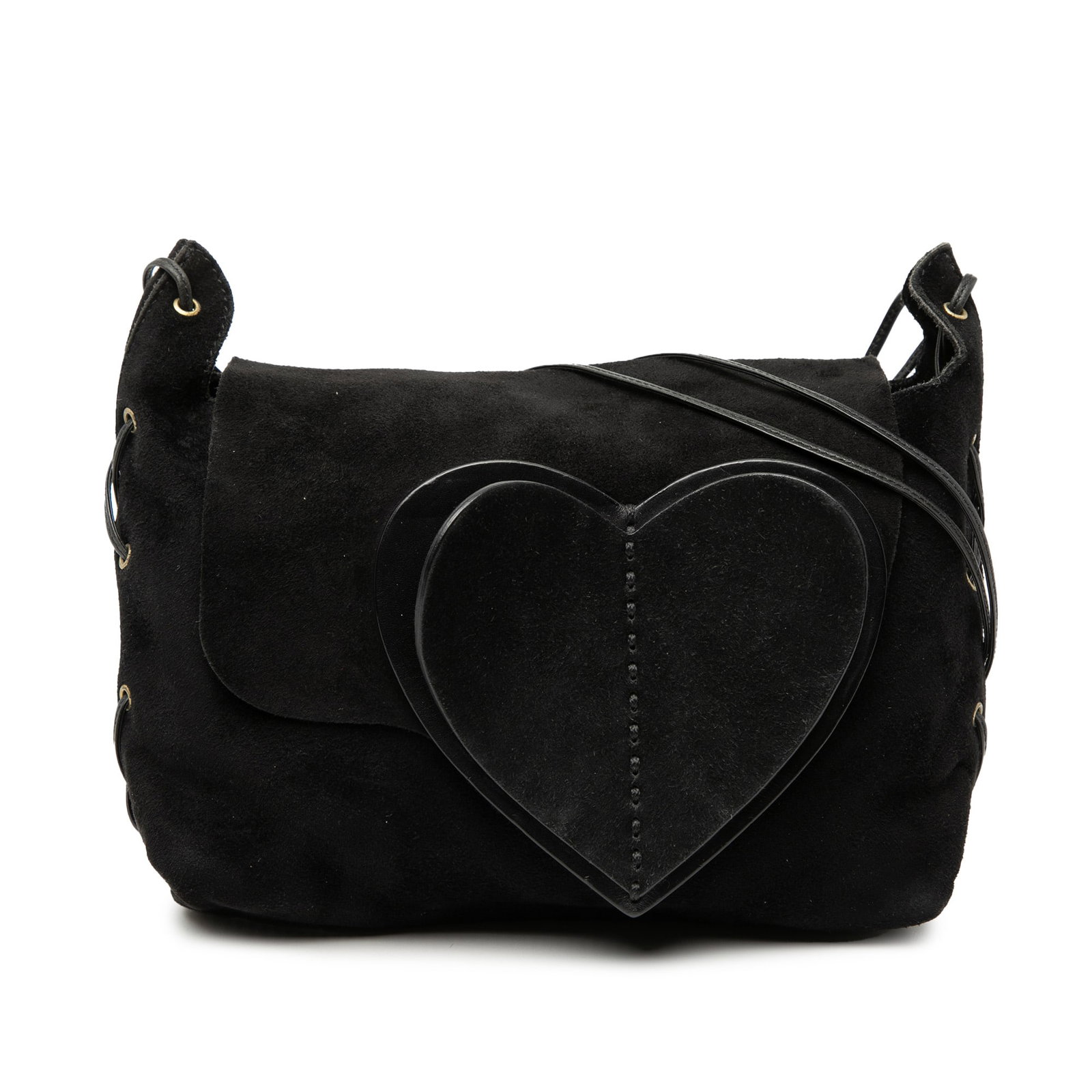 Gucci Black Suede Leather Heart Flap Crossbody Bag Italy: Gucci Black Suede Leather Heart Flap Crossbody Bag Italy This Gucci Suede Heart Crossbody bag is crafted from black suede leather and features a flat leather strap, a flap closure, and an interior sli