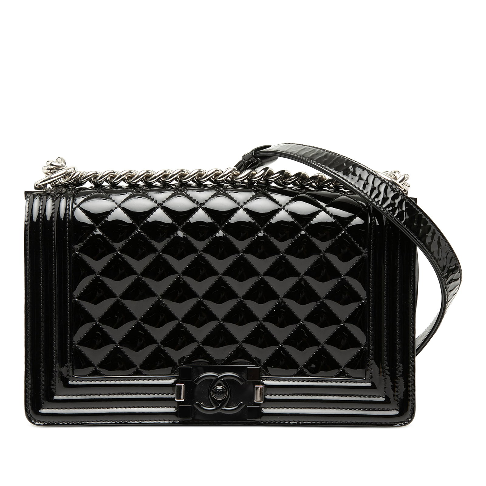 Chanel Boy Flap Old Medium Patent Leather Shoulder Bag Black: Chanel Boy Flap Old Medium Patent Leather Shoulder Bag Black This Chanel Boy Flap bag is crafted with a quilted patent leather body and features a curb chain shoulder strap with a leather guard. The f