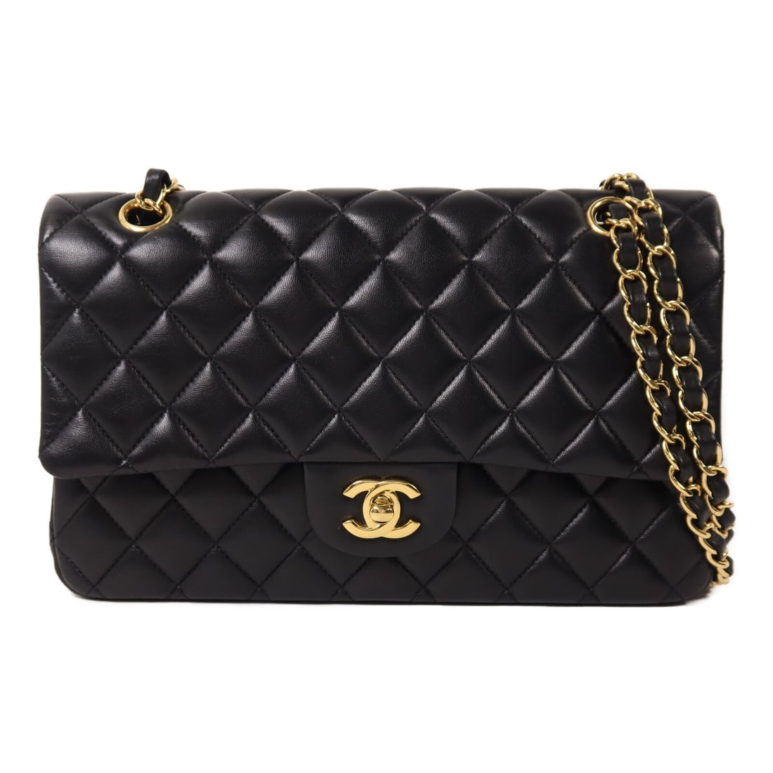 CHANEL Classic 25 Lambskin Black Shoulder Bag GHW A01112: CHANEL Classic 25 Lambskin Black Shoulder Bag GHW A01112 This CHANEL Classic 25 chain shoulder bag features a timeless design crafted from black lambskin leather. The bag is designed for women and sho