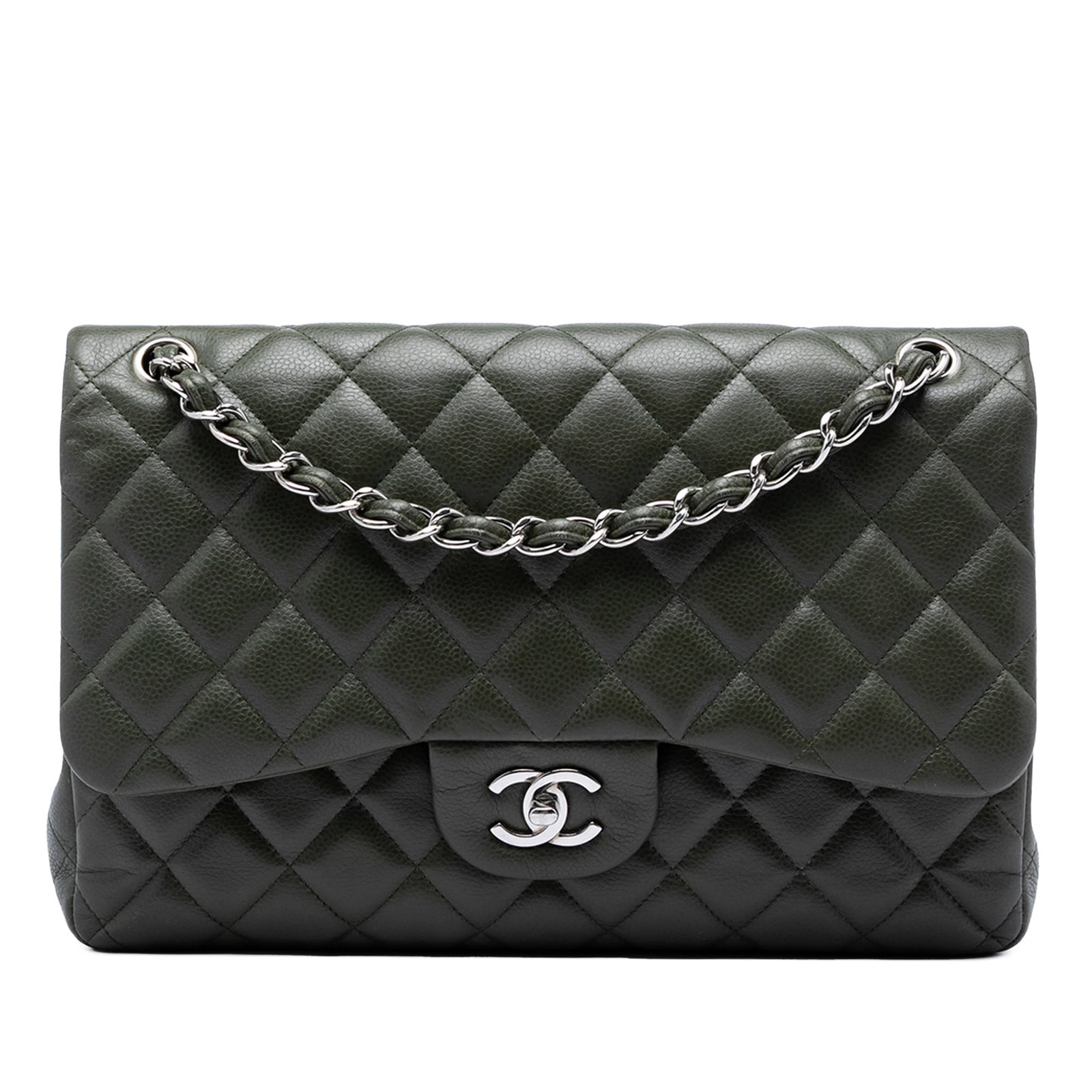 Chanel Caviar Leather Jumbo Double Flap Shoulder Bag: Chanel Caviar Leather Jumbo Double Flap Shoulder Bag This Chanel Jumbo Classic Caviar Double Flap shoulder bag features a quilted caviar leather exterior in green, complemented by leather-woven chain 