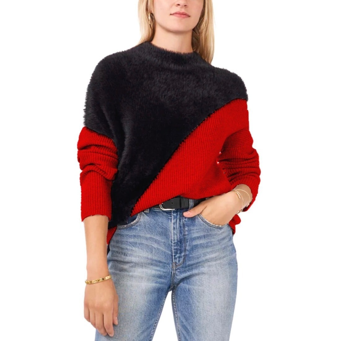 Vince Camuto Womens Pullover Sweater Red and Black Colorblock Size S: Vince Camuto Womens Pullover Sweater Red and Black Colorblock Size S This Vince Camuto pullover sweater features an asymmetrical colorblocked design in red and black. Made for women in size S, it offe