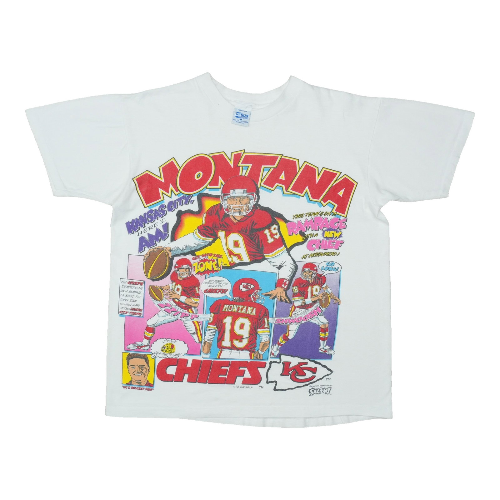 Vintage 1993 Joe Montana Chiefs Caricature White Cotton T Shirt: Vintage 1993 Joe Montana Chiefs Caricature White Cotton T Shirt Original vintage 1993 Joe Montana Kansas City Chiefs caricature shirt. This is a true vintage shirt, not a modern reproduction, with fro