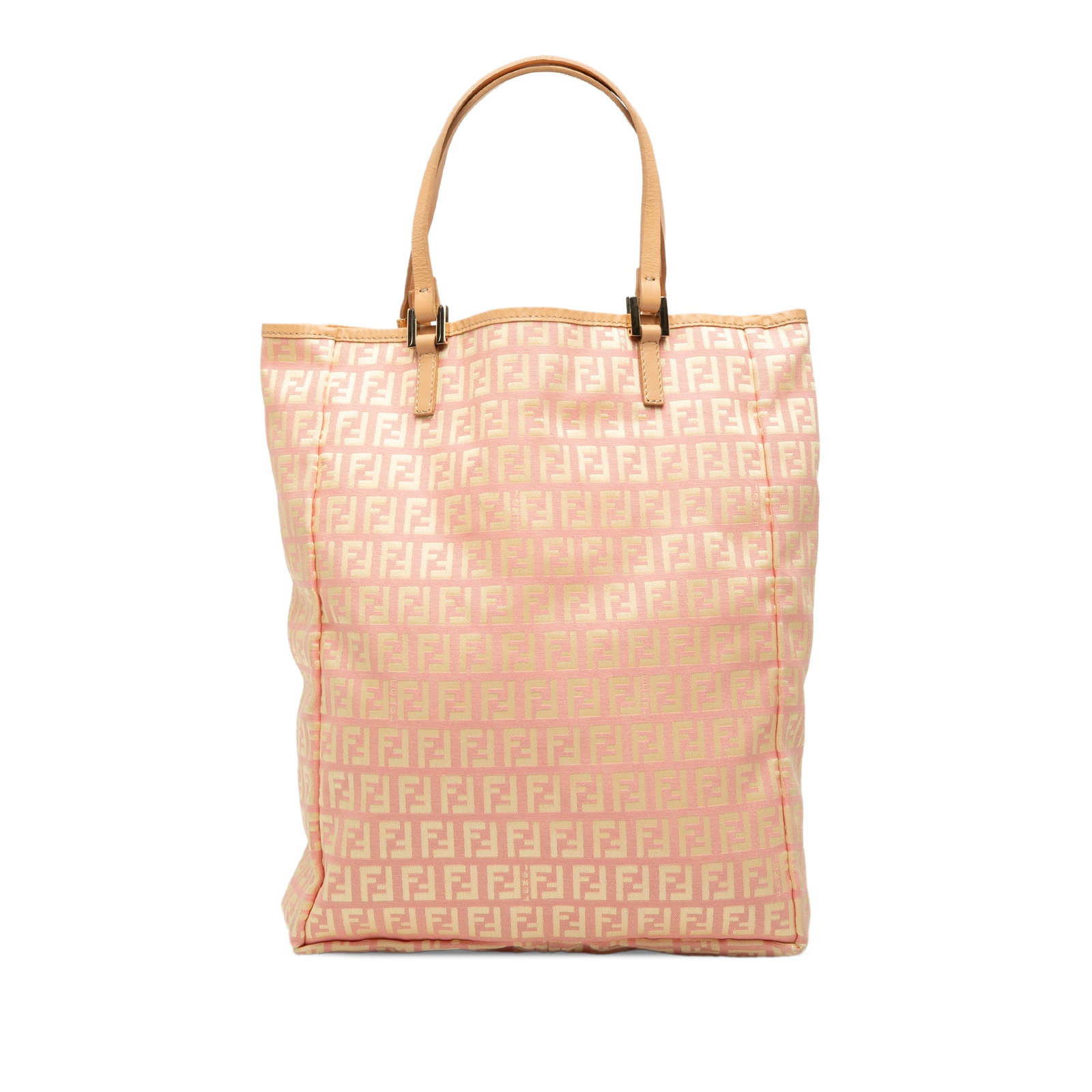 Fendi Zucchino Vertical Tote Bag in Pink Canvas: Fendi Zucchino Vertical Tote Bag in Pink Canvas Fendi Zucchino Canvas Vertical Tote in pink canvas with leather trim and flat leather straps. The bag features an open top and includes an interior zip 
